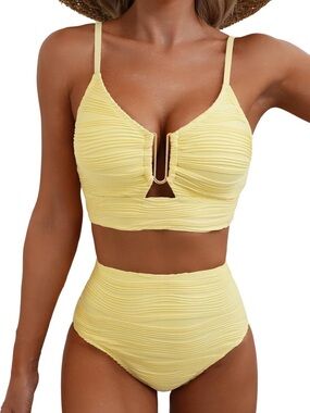 Herseas 2 Piece Bikini Set U-Wire Cutout High Waisted Textured Swim suit new
